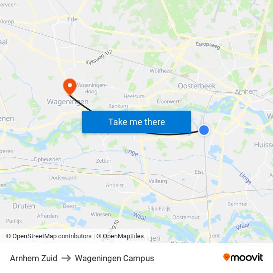 Arnhem Zuid to Wageningen Campus map