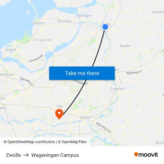 Zwolle to Wageningen Campus map