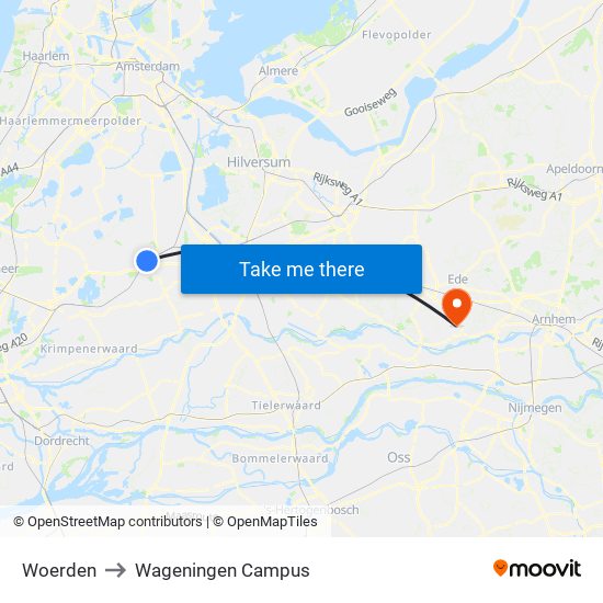 Woerden to Wageningen Campus map