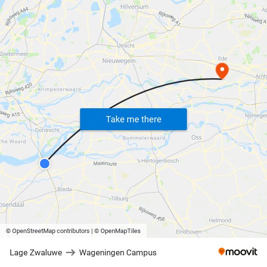 Lage Zwaluwe to Wageningen Campus map