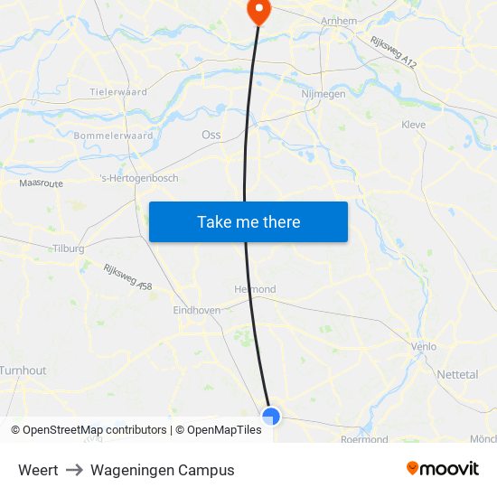 Weert to Wageningen Campus map