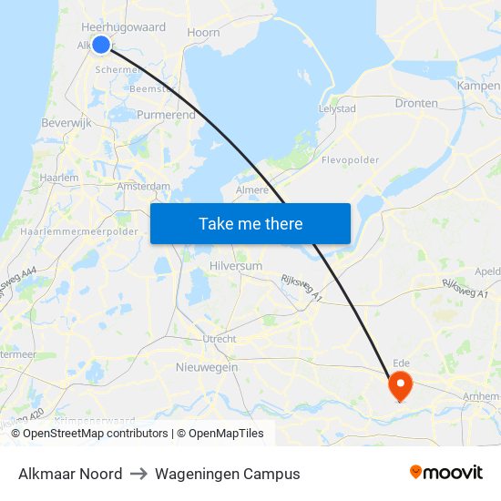 Alkmaar Noord to Wageningen Campus map