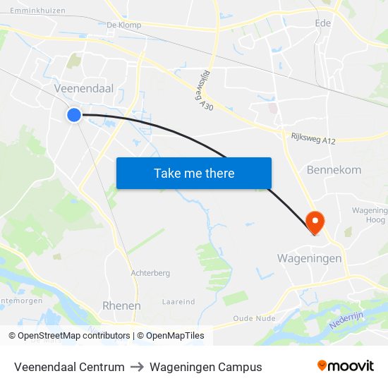 Veenendaal Centrum to Wageningen Campus map