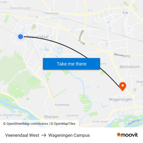 Veenendaal West to Wageningen Campus map