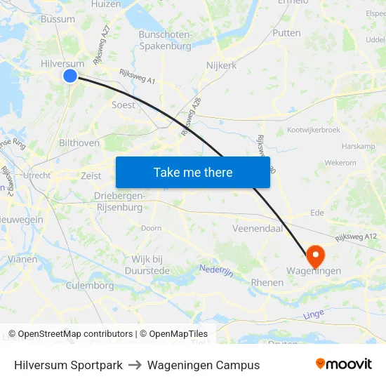 Hilversum Sportpark to Wageningen Campus map