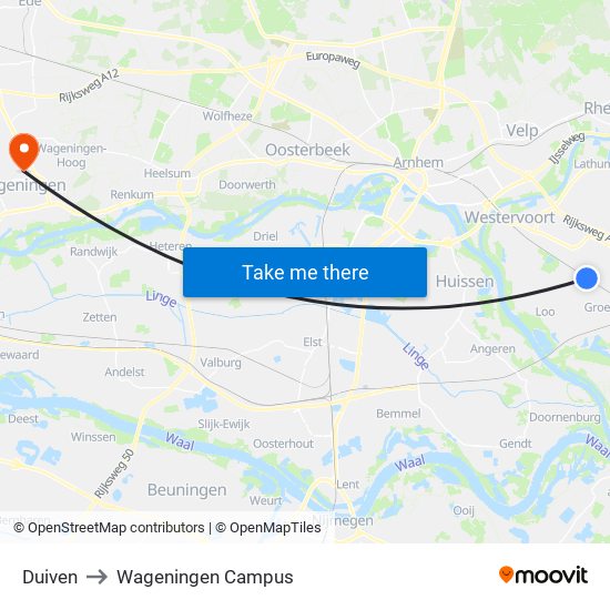 Duiven to Wageningen Campus map