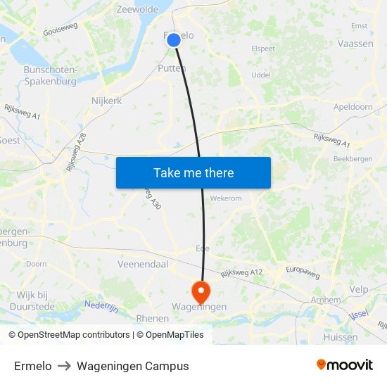 Ermelo to Wageningen Campus map