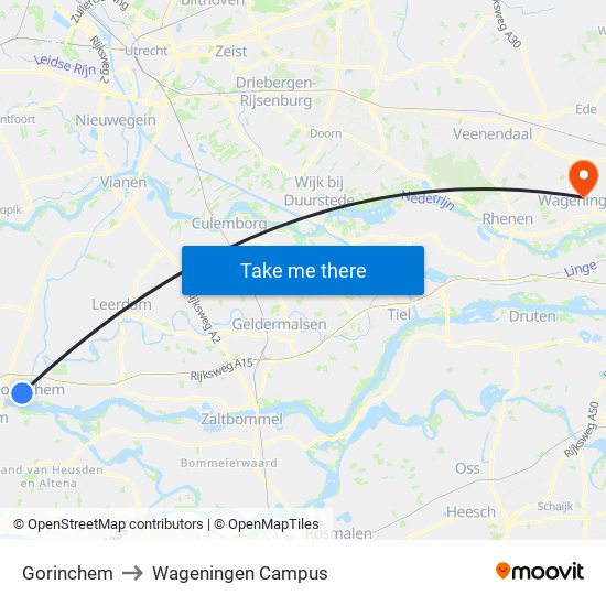 Gorinchem to Wageningen Campus map