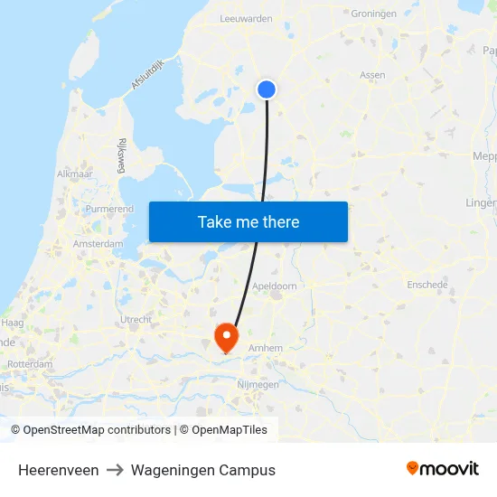Heerenveen to Wageningen Campus map