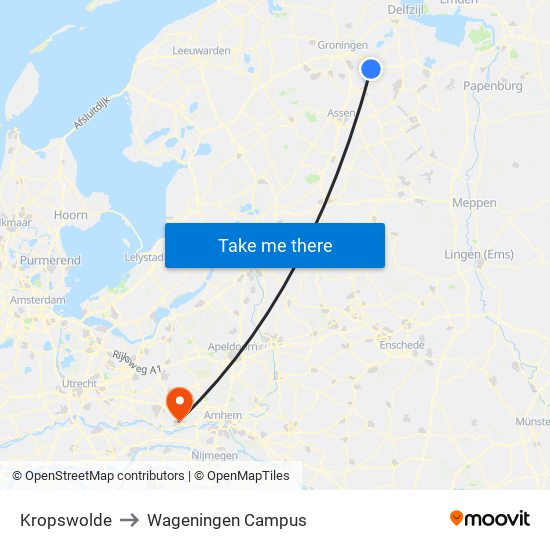 Kropswolde to Wageningen Campus map
