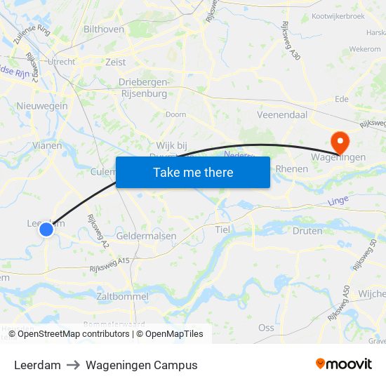 Leerdam to Wageningen Campus map