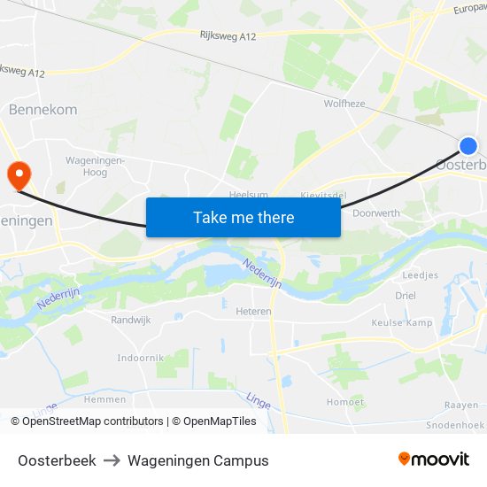 Oosterbeek to Wageningen Campus map