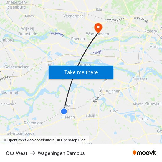 Oss West to Wageningen Campus map