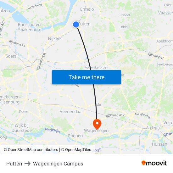 Putten to Wageningen Campus map