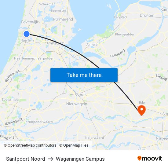 Santpoort Noord to Wageningen Campus map