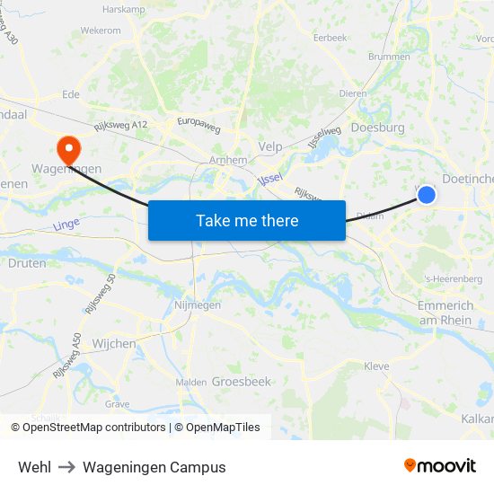 Wehl to Wageningen Campus map