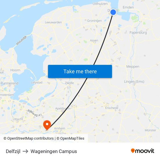 Delfzijl to Wageningen Campus map