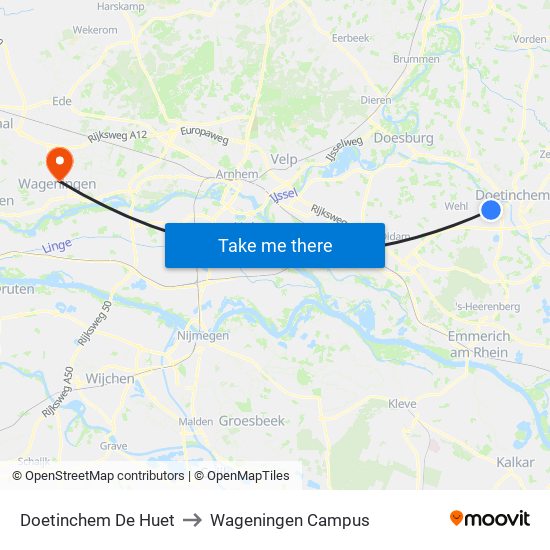 Doetinchem De Huet to Wageningen Campus map