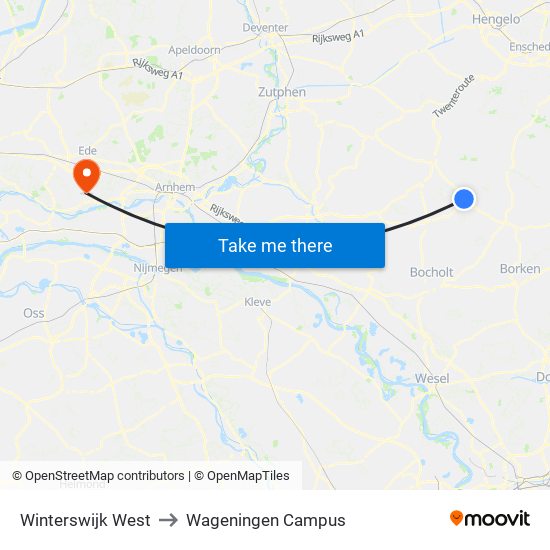 Winterswijk West to Wageningen Campus map