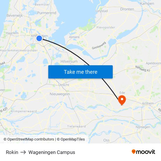 Rokin to Wageningen Campus map