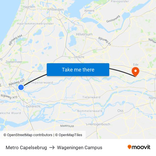 Metro Capelsebrug to Wageningen Campus map