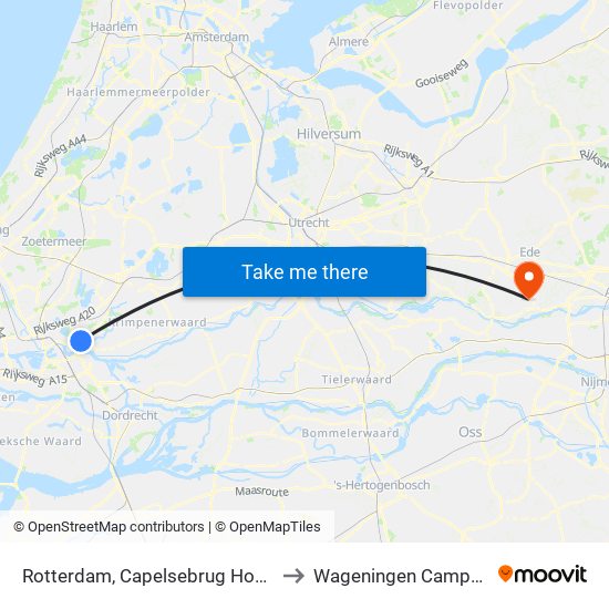 Rotterdam, Capelsebrug Hoog to Wageningen Campus map