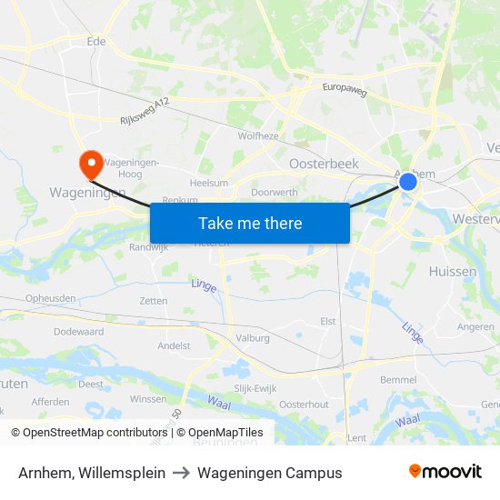 Arnhem, Willemsplein to Wageningen Campus map