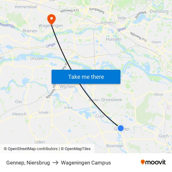 Gennep, Niersbrug to Wageningen Campus map