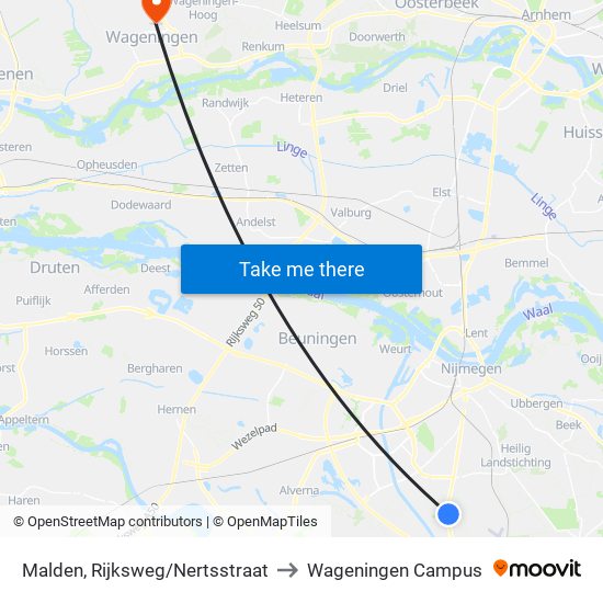 Malden, Rijksweg/Nertsstraat to Wageningen Campus map