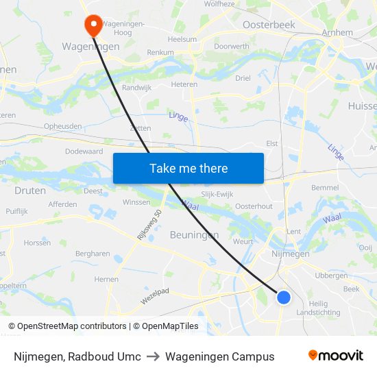 Nijmegen, Radboud Umc to Wageningen Campus map