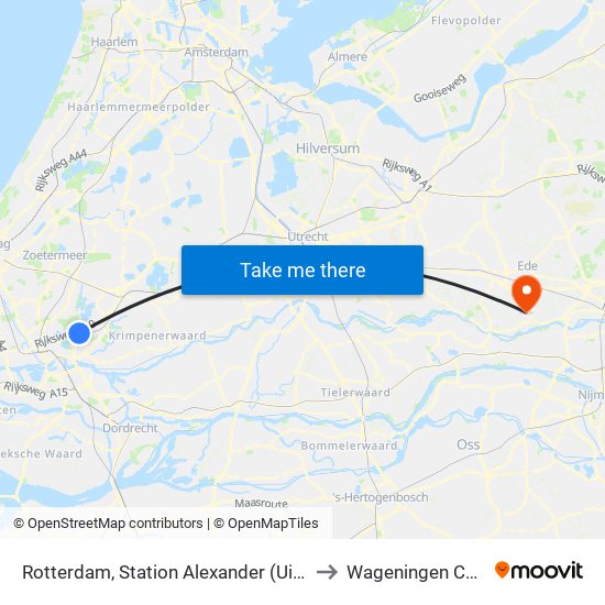 Rotterdam, Station Alexander (Uitstaphalte) to Wageningen Campus map