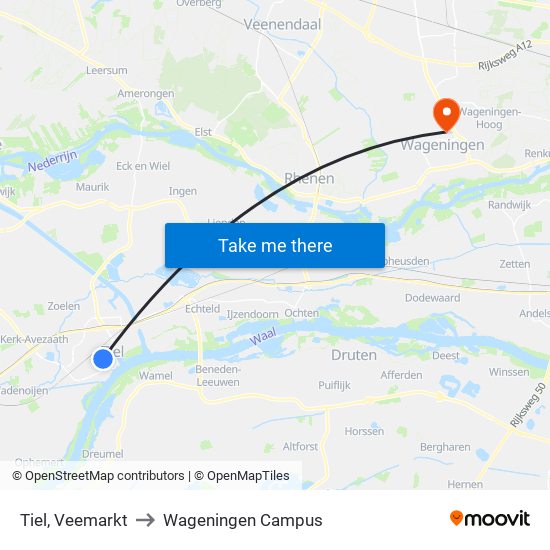 Tiel, Veemarkt to Wageningen Campus map