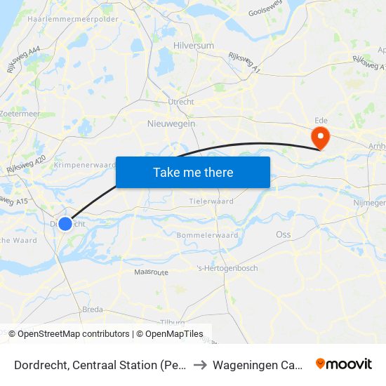 Dordrecht, Centraal Station (Perron D) to Wageningen Campus map