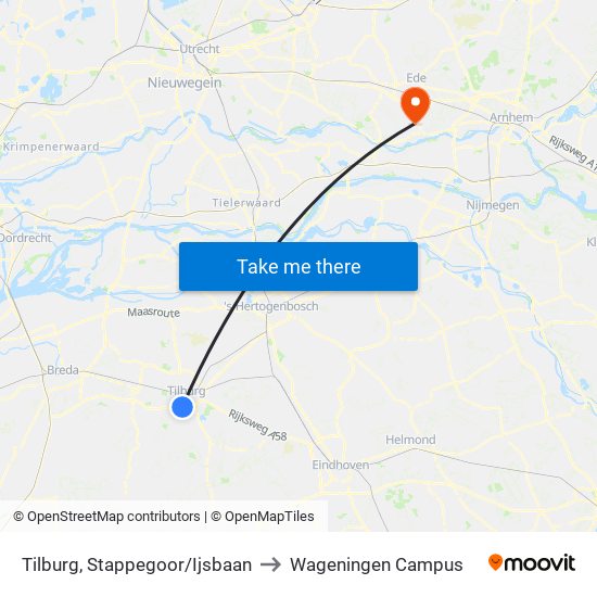 Tilburg, Stappegoor/Ijsbaan to Wageningen Campus map