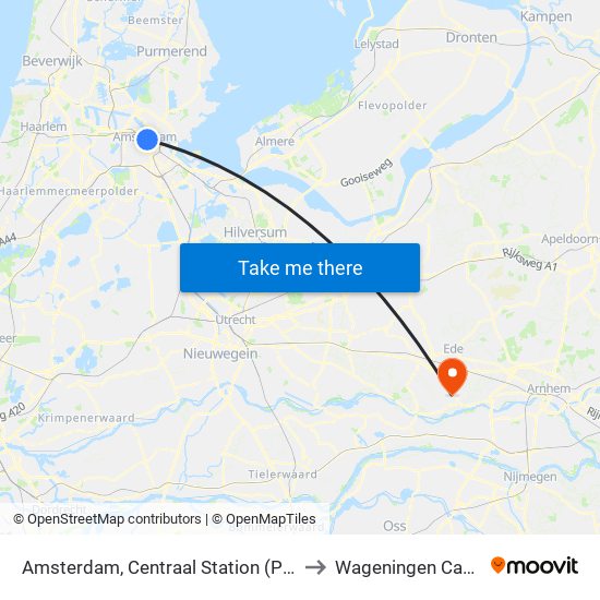 Amsterdam, Centraal Station (Perron J) to Wageningen Campus map