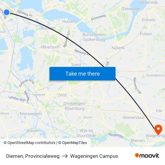 Diemen, Provincialeweg to Wageningen Campus map