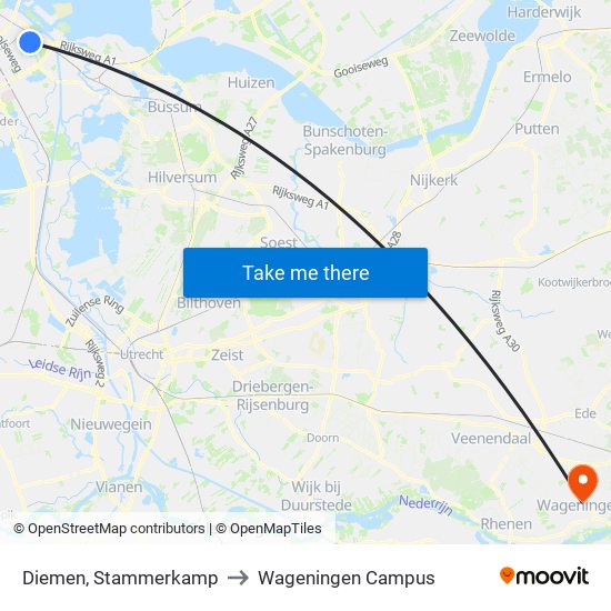 Diemen, Stammerkamp to Wageningen Campus map