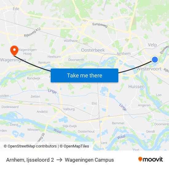 Arnhem, Ijsseloord 2 to Wageningen Campus map