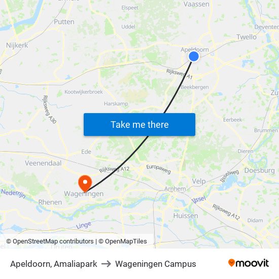 Apeldoorn, Amaliapark to Wageningen Campus map