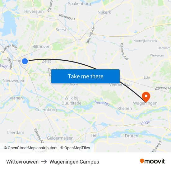 Wittevrouwen to Wageningen Campus map