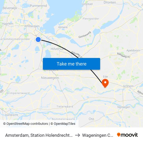 Amsterdam, Station Holendrecht (Perron H) to Wageningen Campus map