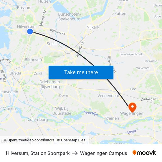 Hilversum, Station Sportpark to Wageningen Campus map