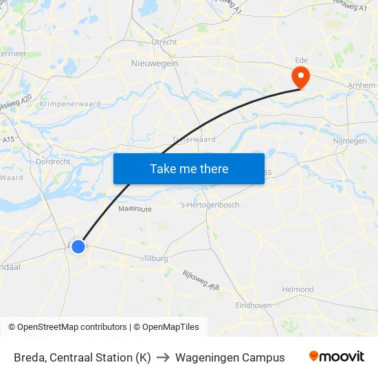 Breda, Centraal Station (K) to Wageningen Campus map