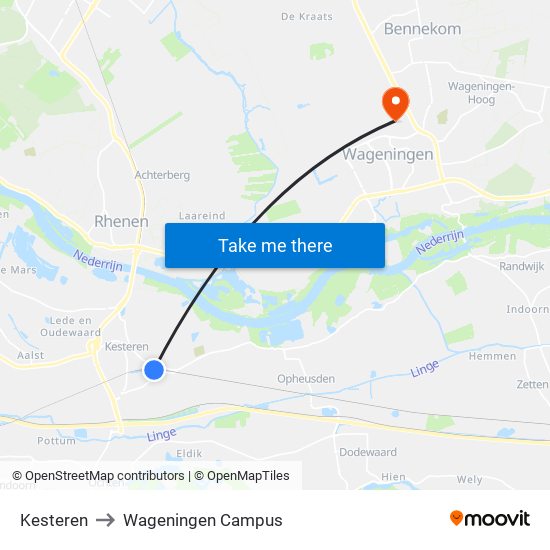 Kesteren to Wageningen Campus map