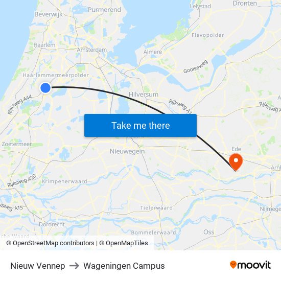 Nieuw Vennep to Wageningen Campus map