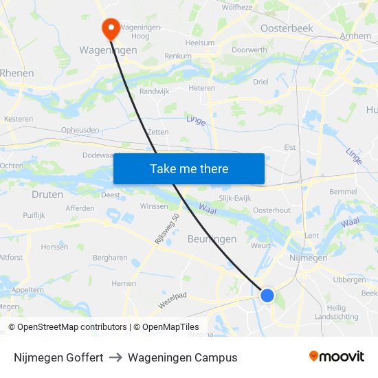 Nijmegen Goffert to Wageningen Campus map