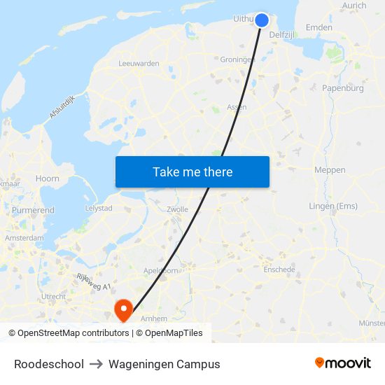 Roodeschool to Wageningen Campus map