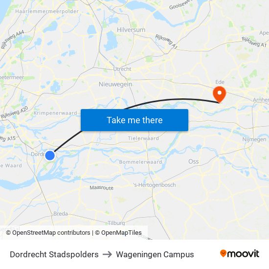 Dordrecht Stadspolders to Wageningen Campus map