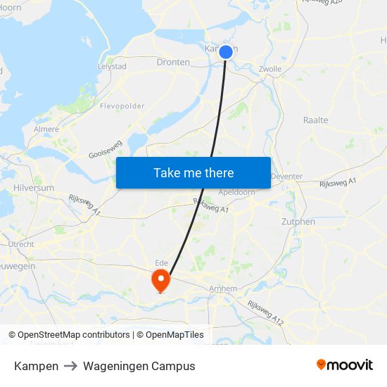 Kampen to Wageningen Campus map