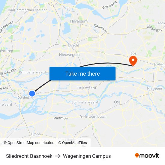 Sliedrecht Baanhoek to Wageningen Campus map